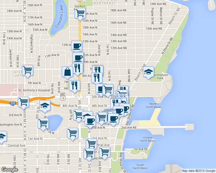 map of restaurants, bars, coffee shops, grocery stores, and more near 122 6th Avenue North in St. Petersburg