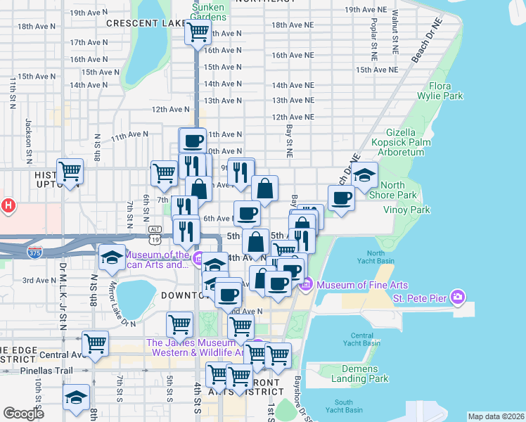 map of restaurants, bars, coffee shops, grocery stores, and more near 122 6th Avenue North in St. Petersburg
