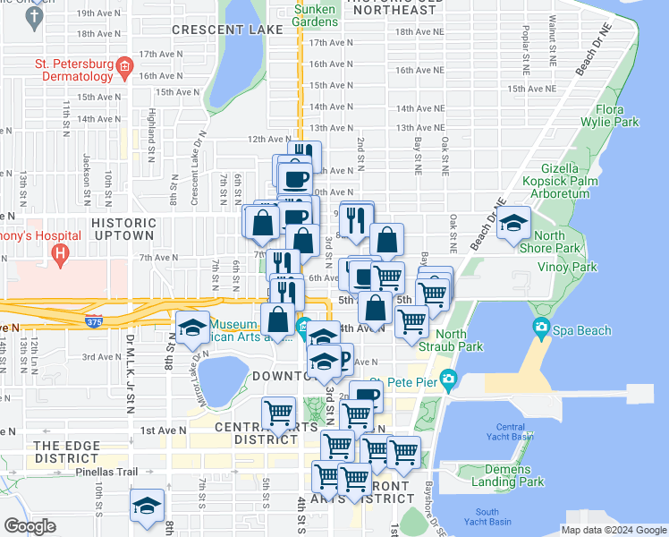 map of restaurants, bars, coffee shops, grocery stores, and more near 236 6th Avenue North in St. Petersburg