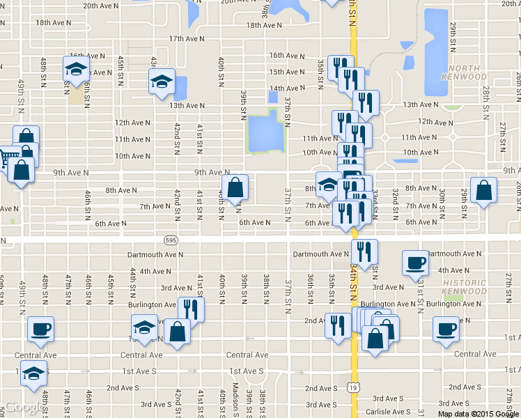 map of restaurants, bars, coffee shops, grocery stores, and more near 3747 6th Avenue North in St. Petersburg