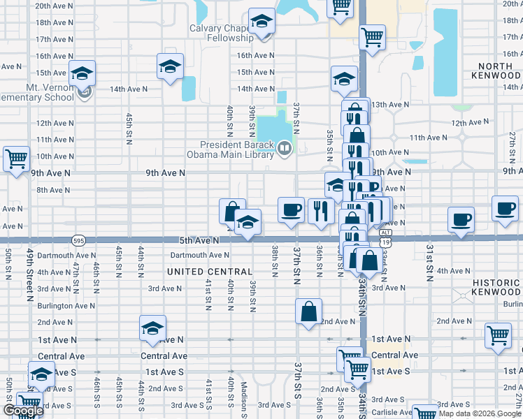 map of restaurants, bars, coffee shops, grocery stores, and more near 3853 7th Terrace North in St. Petersburg