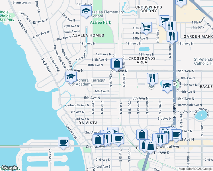 map of restaurants, bars, coffee shops, grocery stores, and more near 7209 6th Avenue North in St. Petersburg