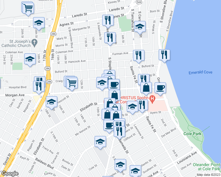 map of restaurants, bars, coffee shops, grocery stores, and more near 1121 Morgan Avenue in Corpus Christi