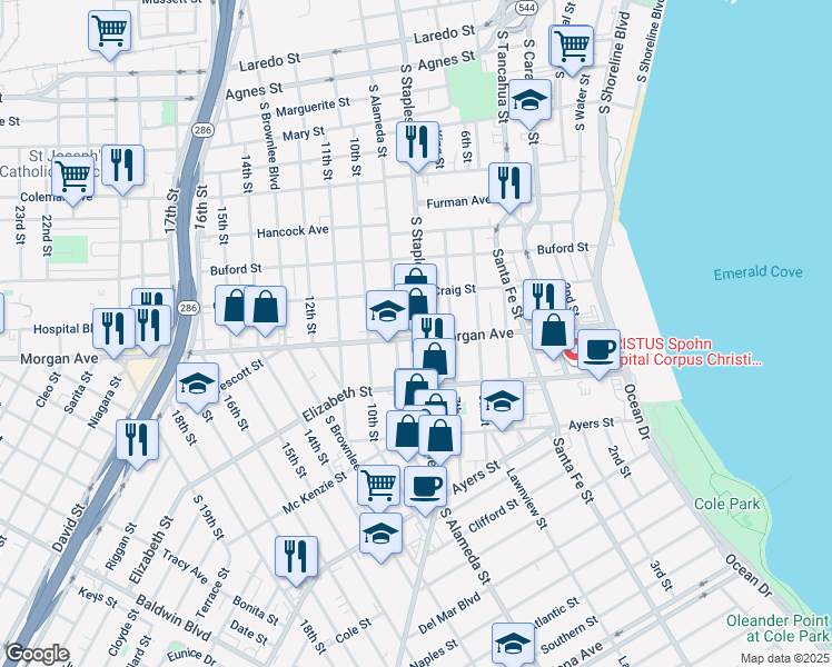 map of restaurants, bars, coffee shops, grocery stores, and more near 1121 Morgan Avenue in Corpus Christi
