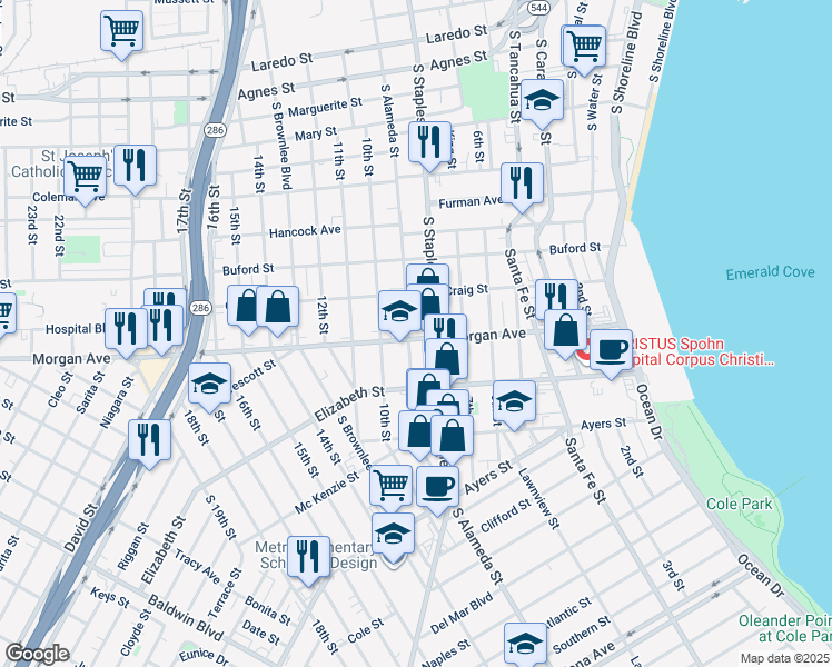 map of restaurants, bars, coffee shops, grocery stores, and more near 1121 Morgan Avenue in Corpus Christi
