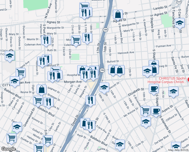 map of restaurants, bars, coffee shops, grocery stores, and more near 2002 Morgan Avenue in Corpus Christi