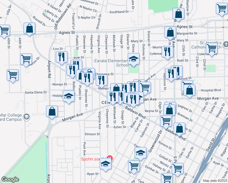 map of restaurants, bars, coffee shops, grocery stores, and more near 3418 Baldwin Boulevard in Corpus Christi