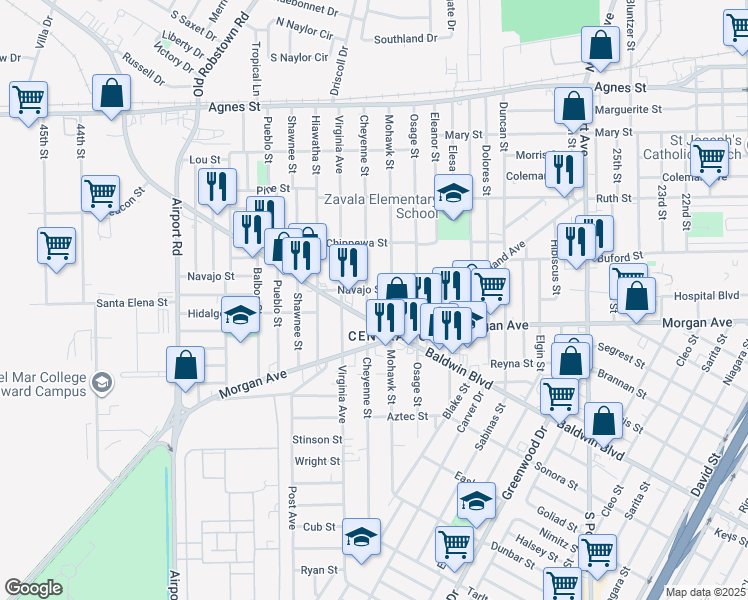 map of restaurants, bars, coffee shops, grocery stores, and more near 3418 Baldwin Boulevard in Corpus Christi