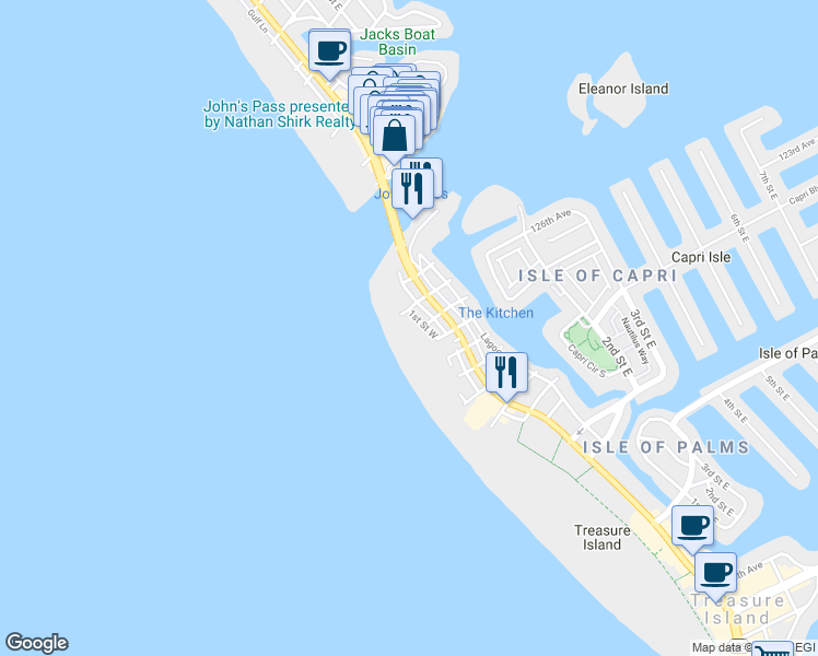 map of restaurants, bars, coffee shops, grocery stores, and more near 12504 1st Street West in Treasure Island