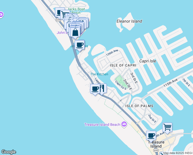 map of restaurants, bars, coffee shops, grocery stores, and more near 109 123rd Avenue in Treasure Island