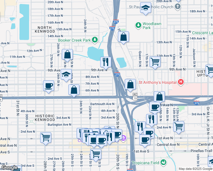 map of restaurants, bars, coffee shops, grocery stores, and more near 2143 6th Avenue North in St. Petersburg