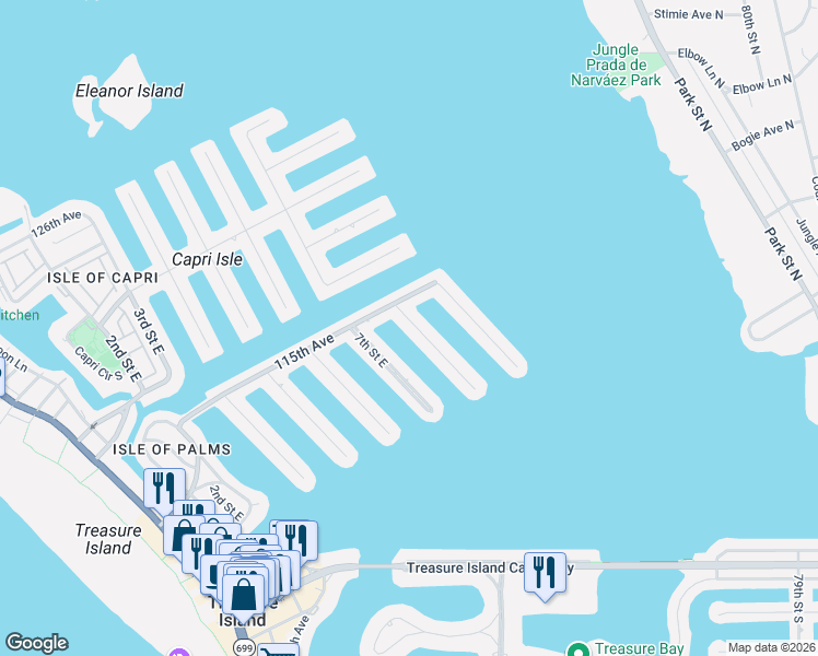 map of restaurants, bars, coffee shops, grocery stores, and more near 11400 8th Street East in Treasure Island