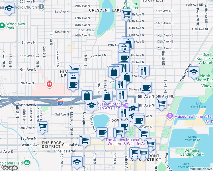 map of restaurants, bars, coffee shops, grocery stores, and more near 609 6th Street North in Saint Petersburg