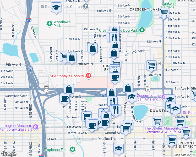 map of restaurants, bars, coffee shops, grocery stores, and more near 1200 7th Avenue North in St. Petersburg