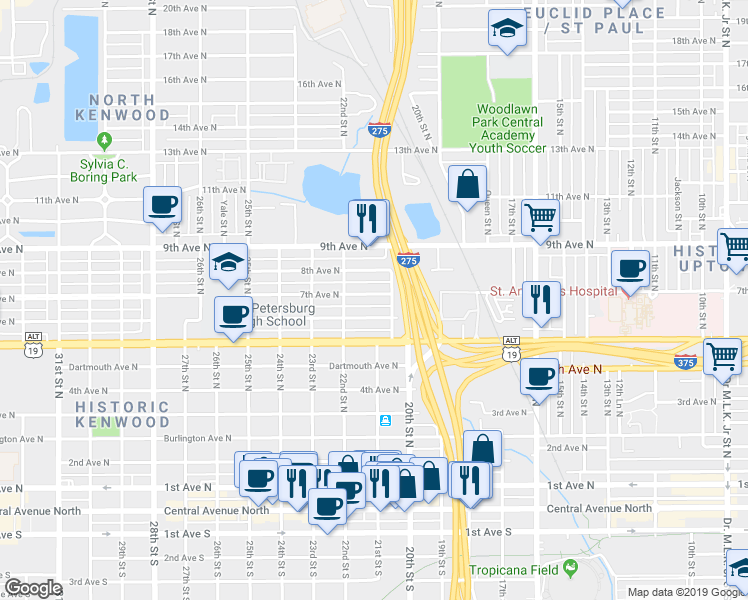 map of restaurants, bars, coffee shops, grocery stores, and more near 2138 7th Avenue North in St. Petersburg