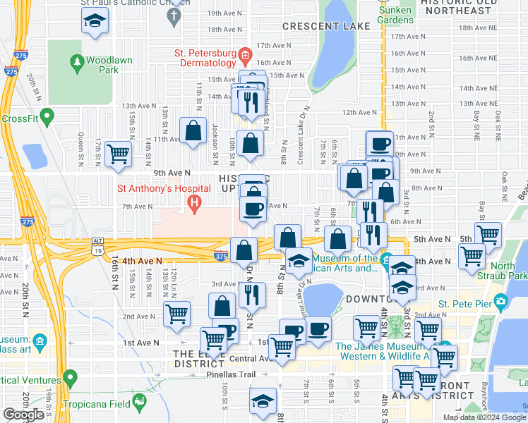 map of restaurants, bars, coffee shops, grocery stores, and more near 626 Highland Street North in Saint Petersburg