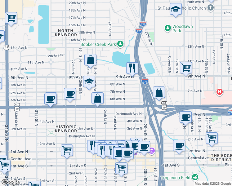 map of restaurants, bars, coffee shops, grocery stores, and more near 2270 7th Avenue North in St. Petersburg