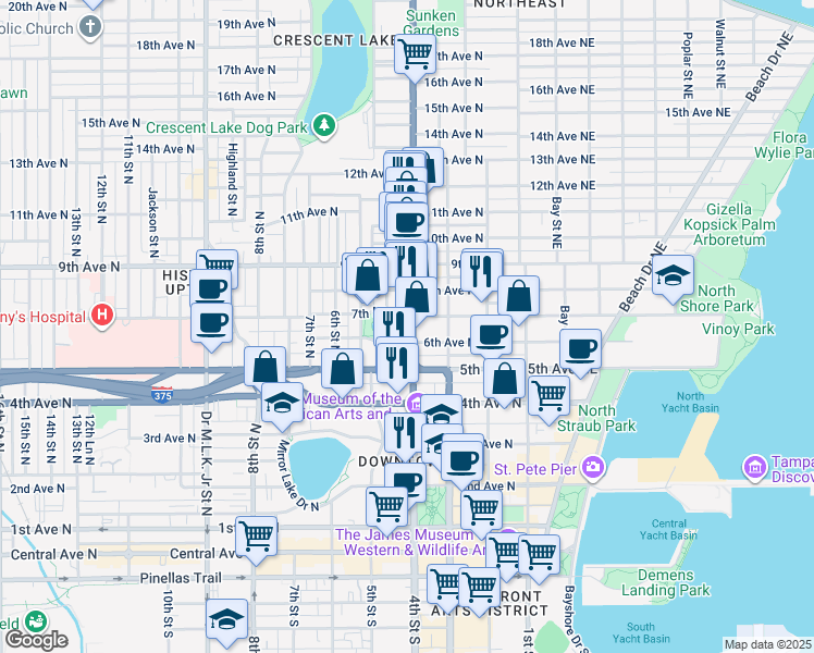 map of restaurants, bars, coffee shops, grocery stores, and more near 450 6th Avenue North in St. Petersburg