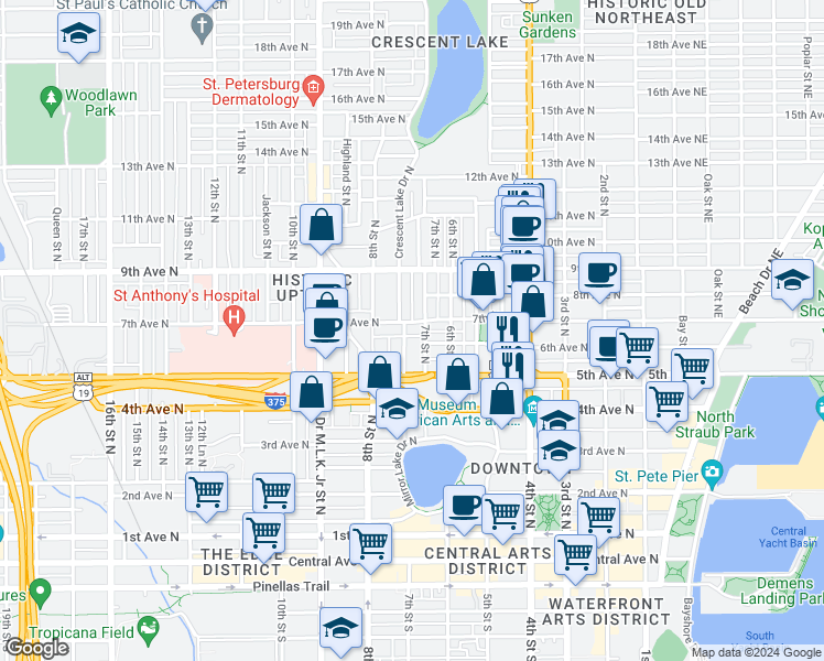 map of restaurants, bars, coffee shops, grocery stores, and more near 720 7th Avenue North in St. Petersburg