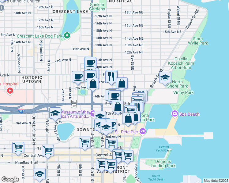 map of restaurants, bars, coffee shops, grocery stores, and more near 122 6th Avenue North in St. Petersburg