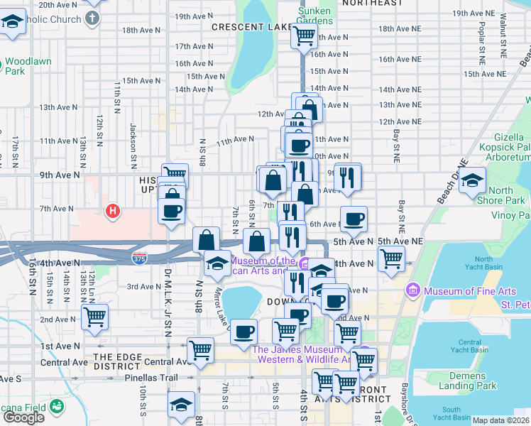map of restaurants, bars, coffee shops, grocery stores, and more near 542 5th Street North in St. Petersburg