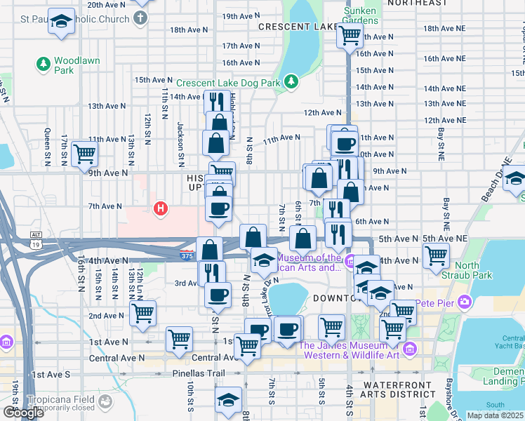 map of restaurants, bars, coffee shops, grocery stores, and more near 540 Grove Street North in St. Petersburg