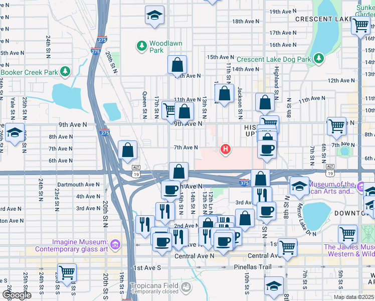 map of restaurants, bars, coffee shops, grocery stores, and more near 604 14th Street North in St. Petersburg