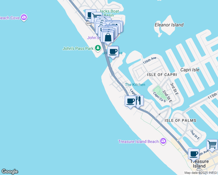 map of restaurants, bars, coffee shops, grocery stores, and more near 12504 1st Street West in Treasure Island