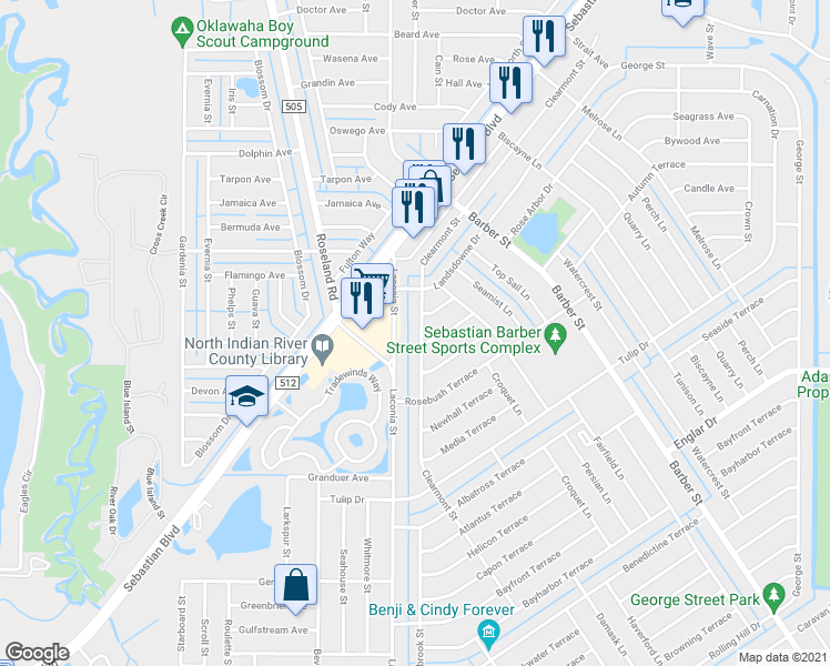 map of restaurants, bars, coffee shops, grocery stores, and more near 1138 Clearmont Street in Sebastian