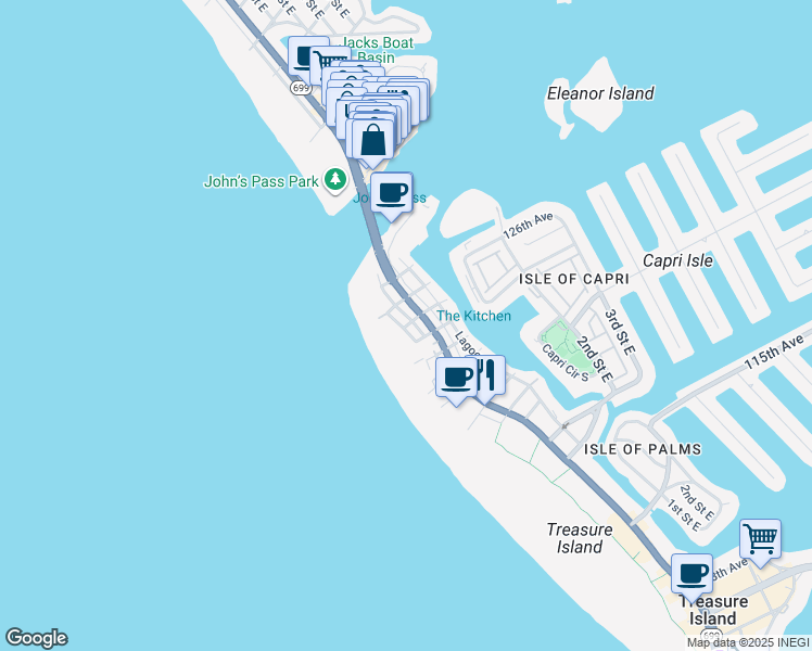 map of restaurants, bars, coffee shops, grocery stores, and more near 12402 Sunshine Lane in Treasure Island