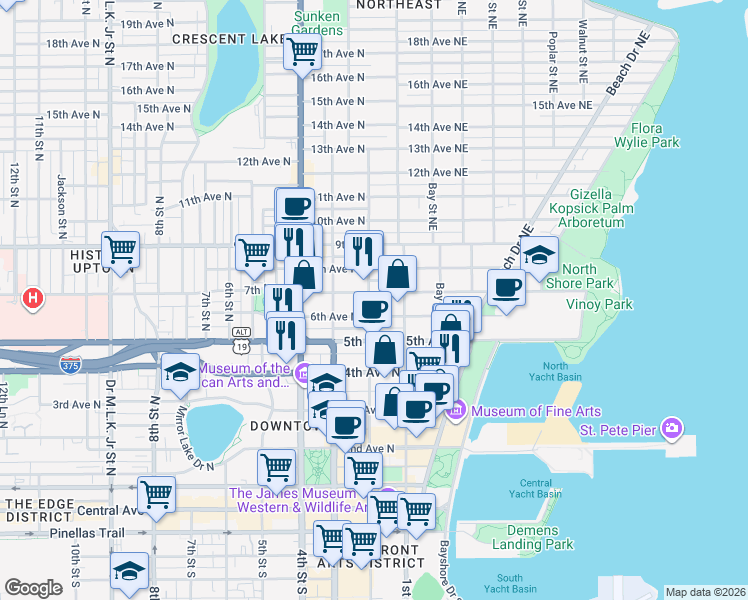 map of restaurants, bars, coffee shops, grocery stores, and more near 122 6th Avenue North in St. Petersburg