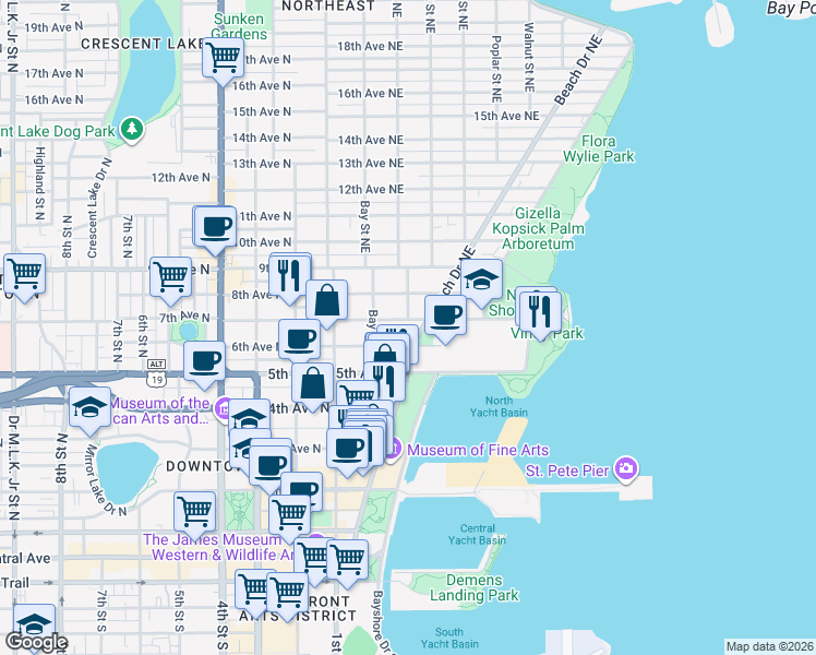 map of restaurants, bars, coffee shops, grocery stores, and more near 266 7th Avenue Northeast in St. Petersburg