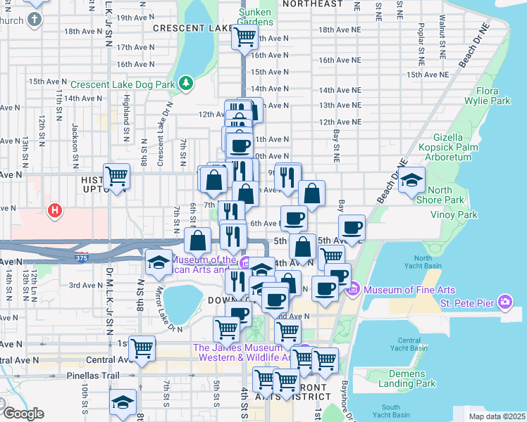 map of restaurants, bars, coffee shops, grocery stores, and more near 634 3rd Street North in St. Petersburg