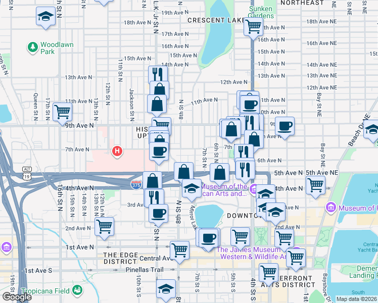 map of restaurants, bars, coffee shops, grocery stores, and more near 540 Grove Street North in St. Petersburg