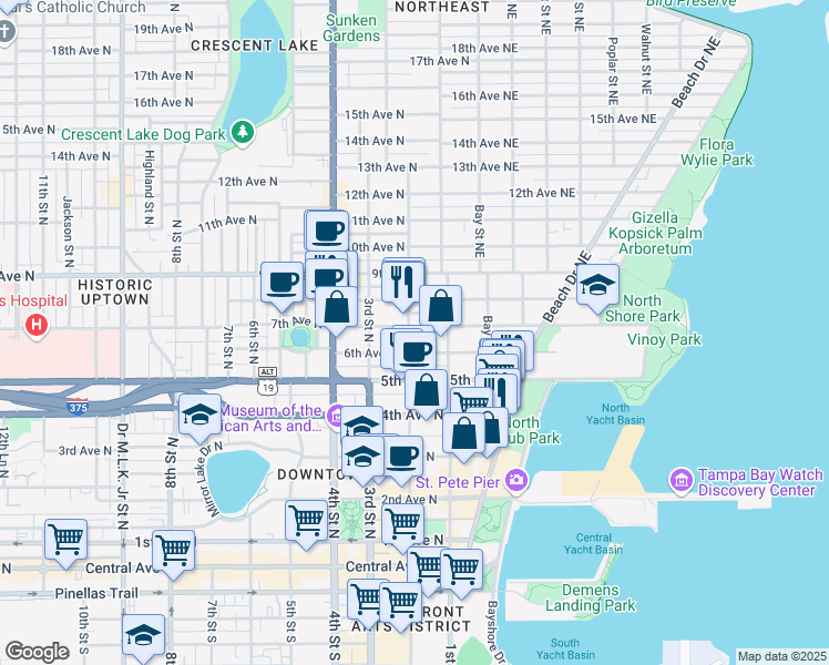 map of restaurants, bars, coffee shops, grocery stores, and more near 122 6th Avenue North in St. Petersburg