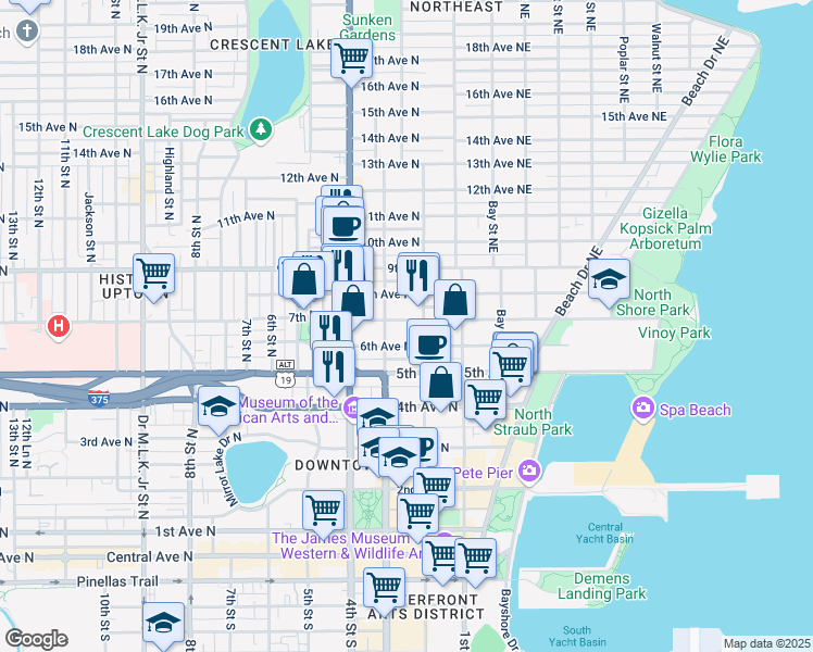 map of restaurants, bars, coffee shops, grocery stores, and more near 236 6th Avenue North in St. Petersburg