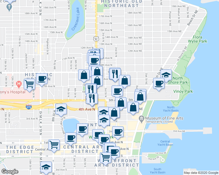 map of restaurants, bars, coffee shops, grocery stores, and more near 236 6th Avenue North in St. Petersburg