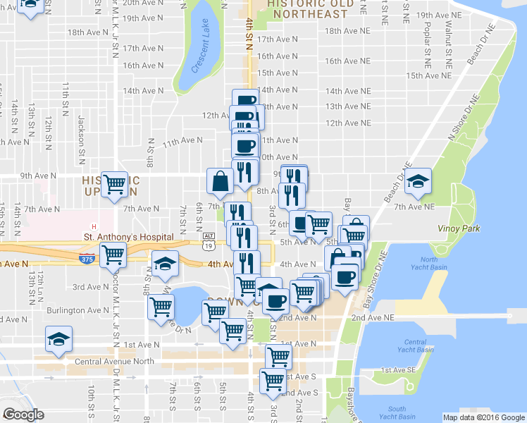 map of restaurants, bars, coffee shops, grocery stores, and more near 334n 6th Avenue North in St. Petersburg
