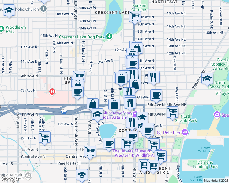 map of restaurants, bars, coffee shops, grocery stores, and more near 542 5th Street North in St. Petersburg