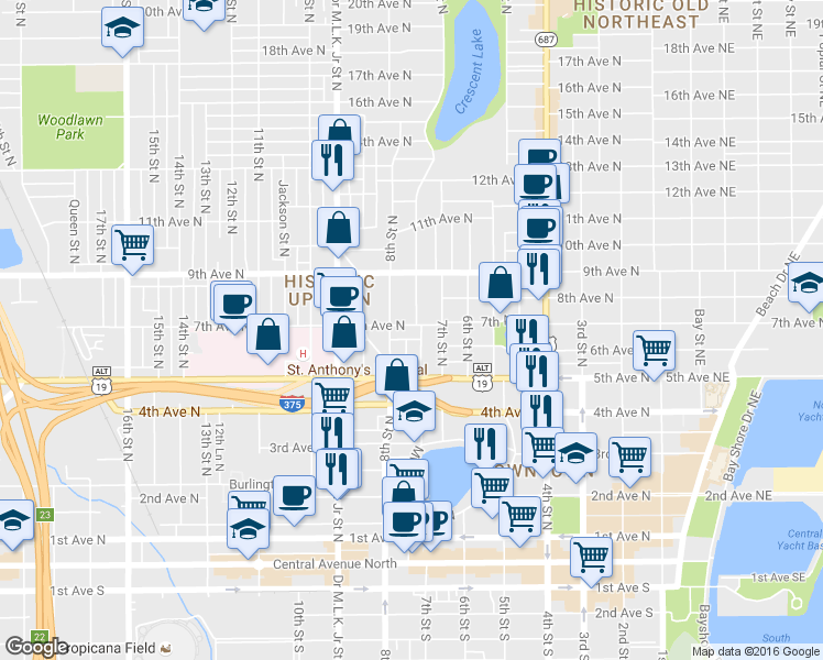 map of restaurants, bars, coffee shops, grocery stores, and more near 540 Grove Street North in St. Petersburg