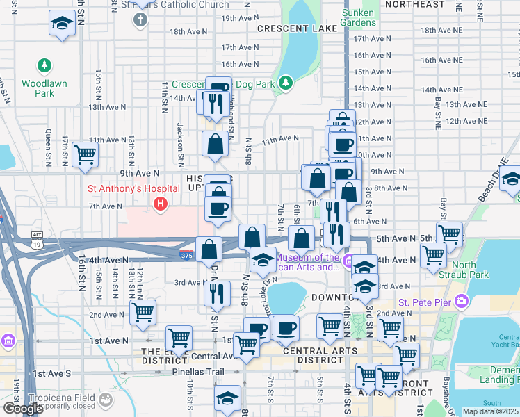 map of restaurants, bars, coffee shops, grocery stores, and more near 540 Grove Street North in St. Petersburg