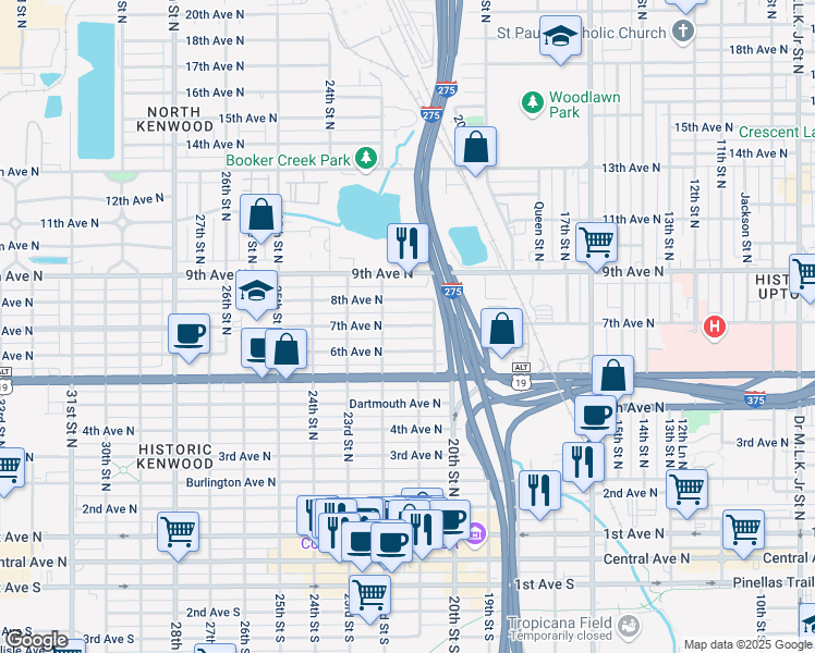 map of restaurants, bars, coffee shops, grocery stores, and more near 2143 6th Avenue North in St. Petersburg