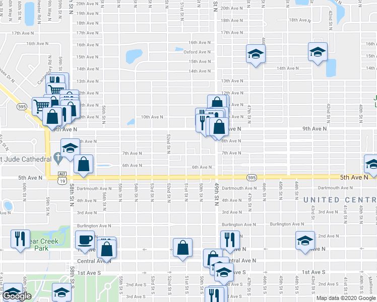 map of restaurants, bars, coffee shops, grocery stores, and more near 5042 7th Avenue North in St. Petersburg