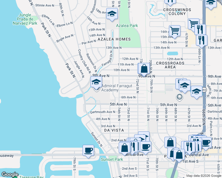map of restaurants, bars, coffee shops, grocery stores, and more near 609 75th Street North in St. Petersburg