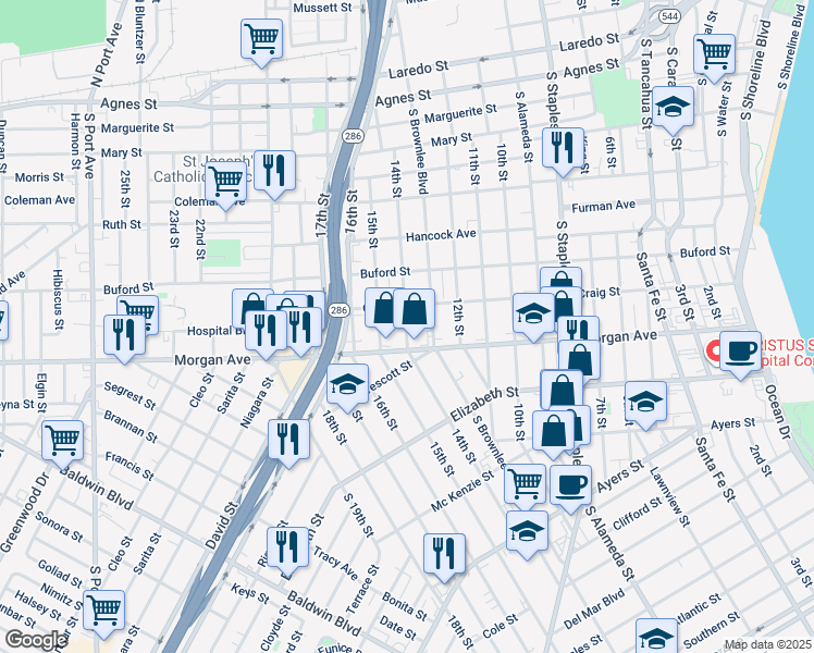 map of restaurants, bars, coffee shops, grocery stores, and more near 1702 Morgan Avenue in Corpus Christi