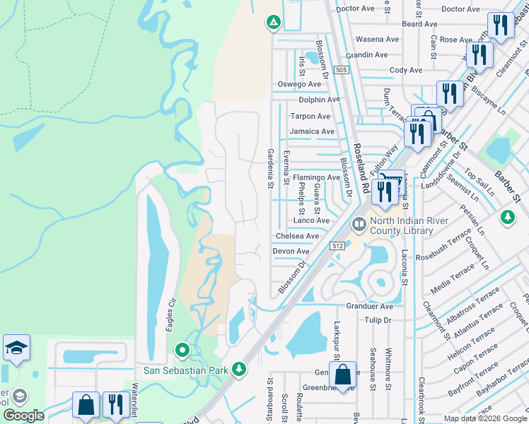 map of restaurants, bars, coffee shops, grocery stores, and more near 588 Cross Creek Circle in Sebastian