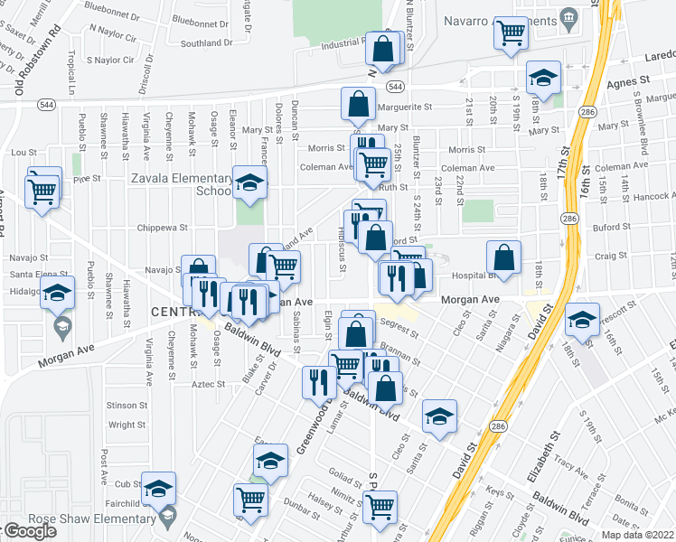 map of restaurants, bars, coffee shops, grocery stores, and more near 1113 Hibiscus Street in Corpus Christi