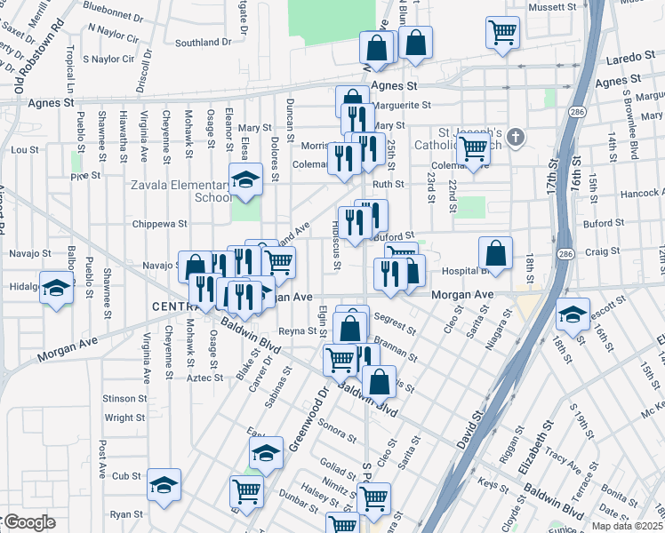 map of restaurants, bars, coffee shops, grocery stores, and more near 1113 Hibiscus Street in Corpus Christi