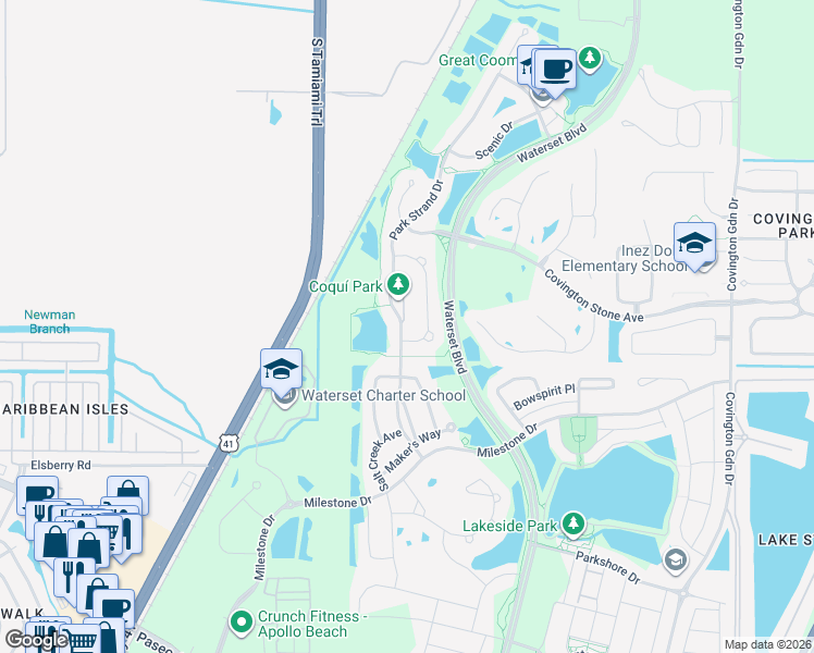 map of restaurants, bars, coffee shops, grocery stores, and more near 6617 Park Strand Drive in Apollo Beach