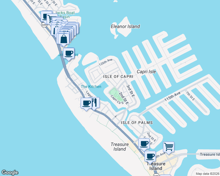 map of restaurants, bars, coffee shops, grocery stores, and more near 12140 Capri Circle South in Treasure Island